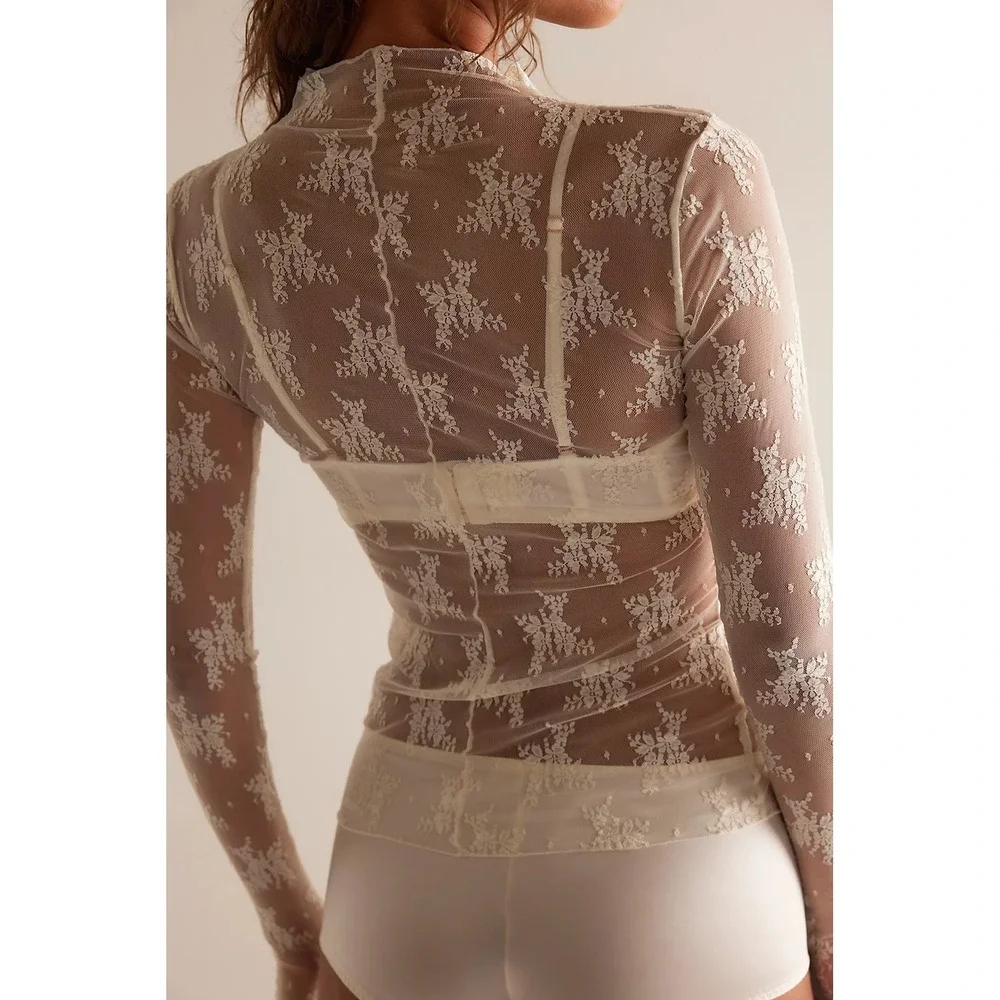 FREE PEOPLE Intimately Lady Lux Layering Top Floral Sheer Mesh Evening Crème L